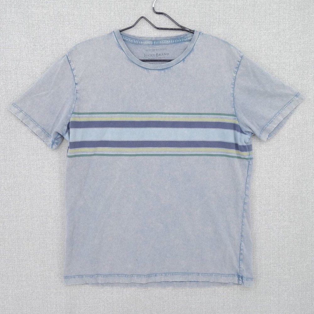 Lucky Brand T-Shirt Mens Large Blue Striped Washed And Worn Short Sleeve Crew